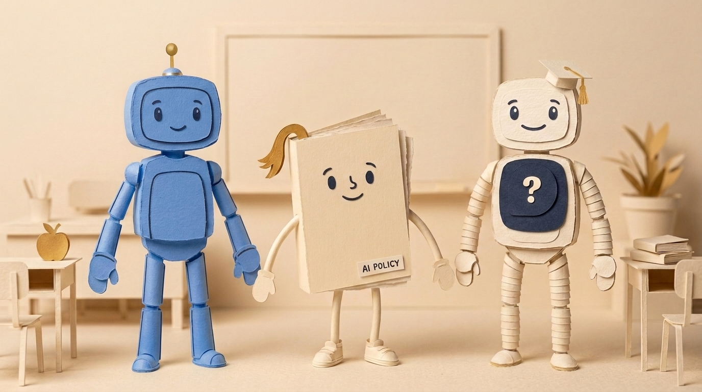 whatiflab's three papercraft mascots in a paper classroom: Al the blue antenna robot, Paige the AI Policy book, and WhatIf the graduate robot