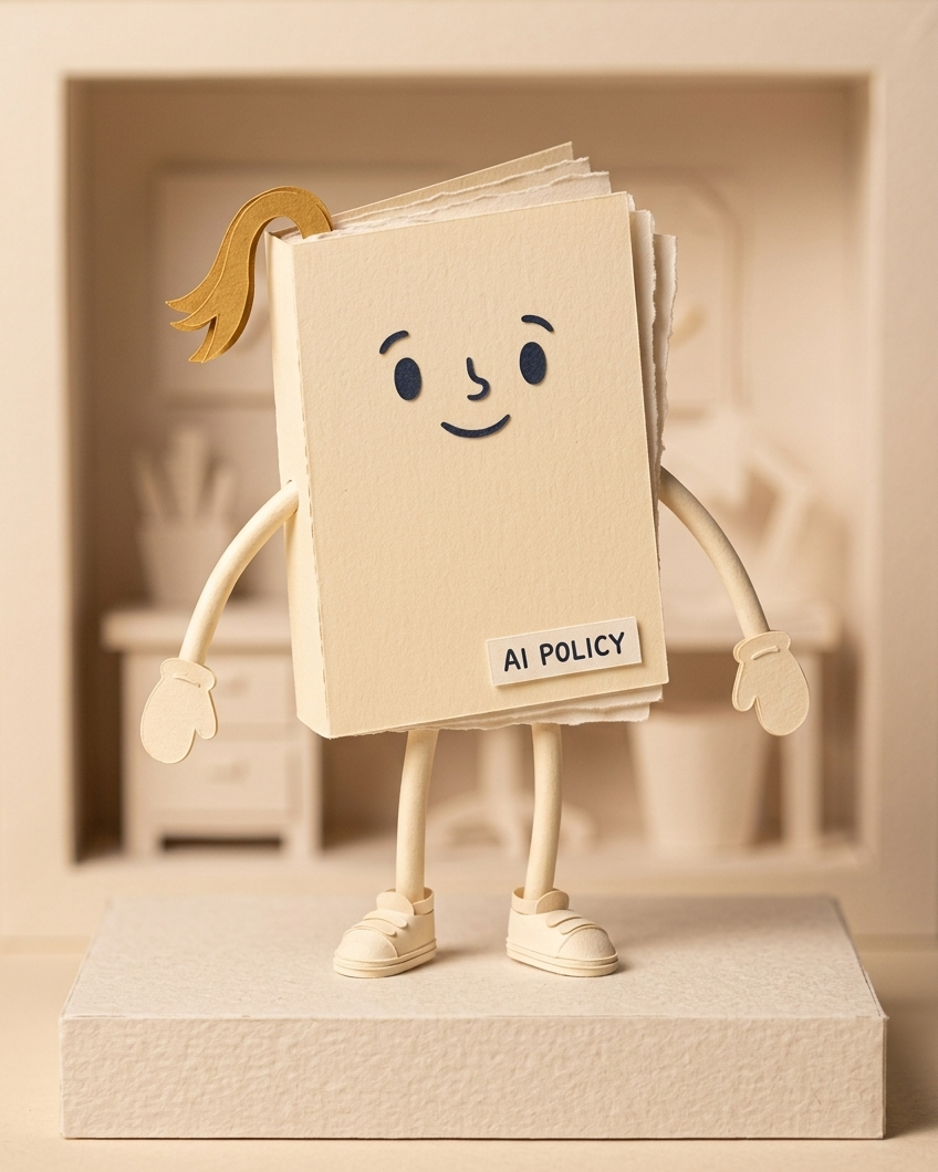 Paige, a smiling papercraft book character wearing an AI Policy badge, in a little paper diorama