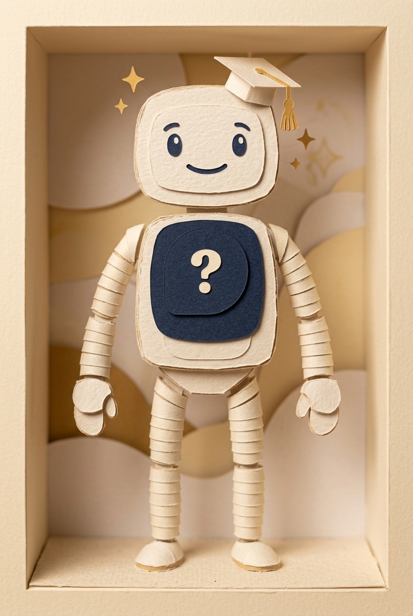 whatiflab's mascot: a friendly papercraft robot in a graduation cap with a question mark on its chest, in a little paper diorama